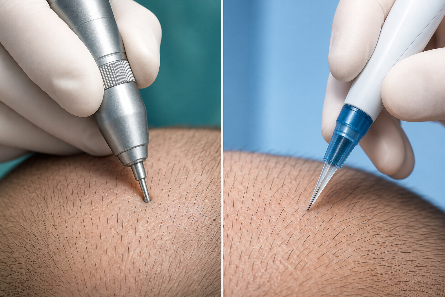 Vergleich FUE vs. DHI Haartransplantation — Mikromotor-Punch-Werkzeug neben einem DHI-Choi-Implanter-Pen
