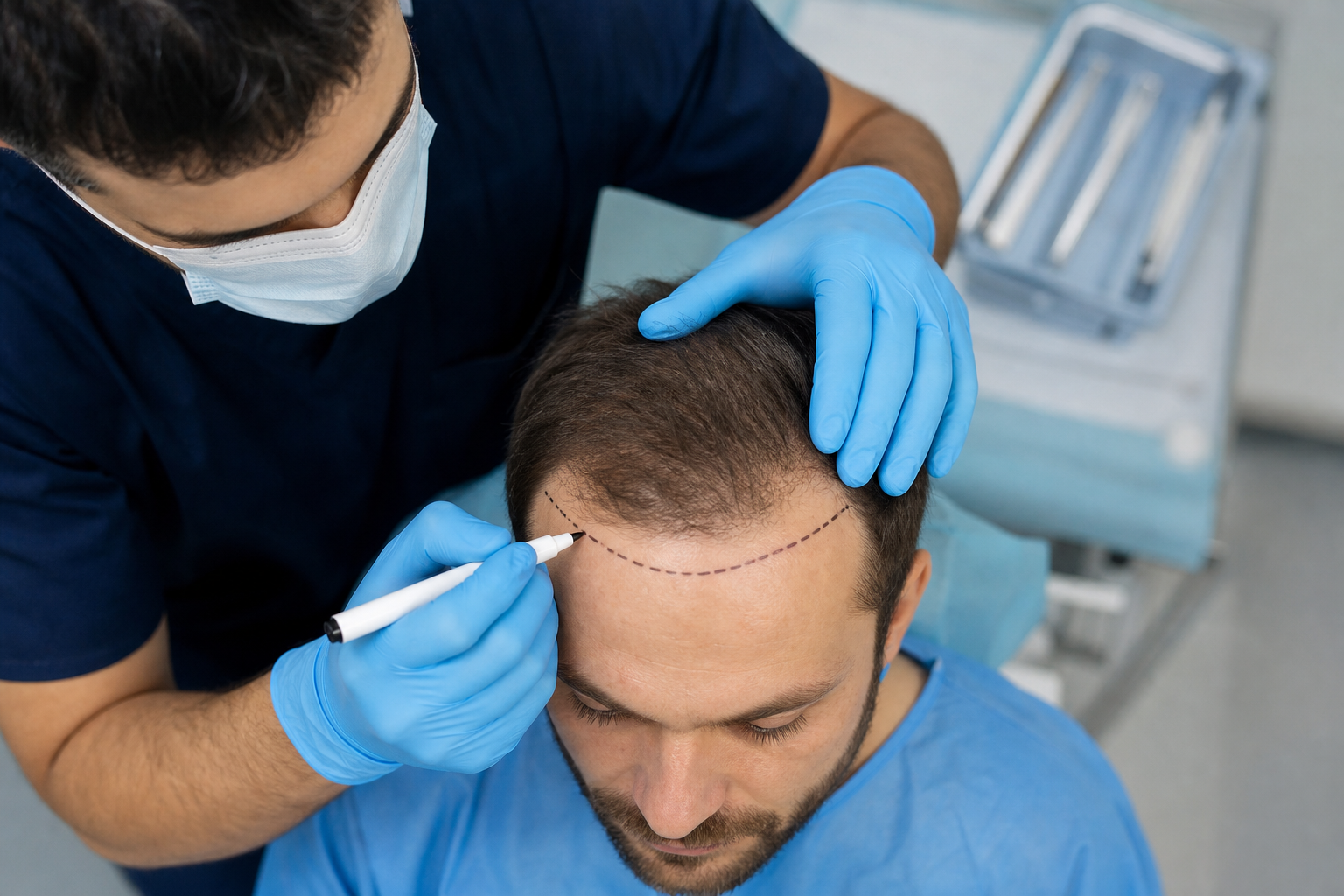 Chirurg plant einen Haaransatz für eine Hybrid-Haartransplantation bei EsteCenter Istanbul